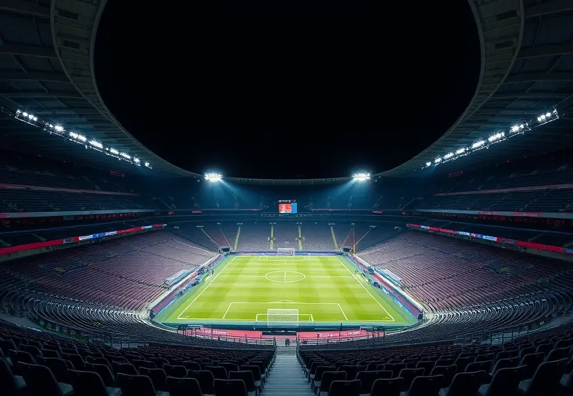 Estádio de futebol vazio à noite, com os refletores acesos